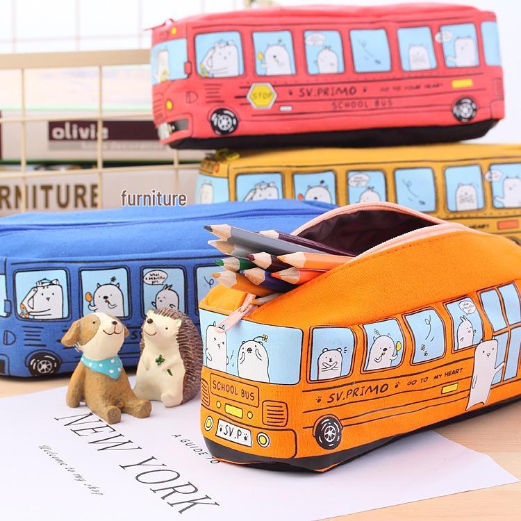 Kreatives süßes Cartoon-Bus-Federmäppchen, Koreanischer Stil, Große Kapazität Leinwand-Tasche