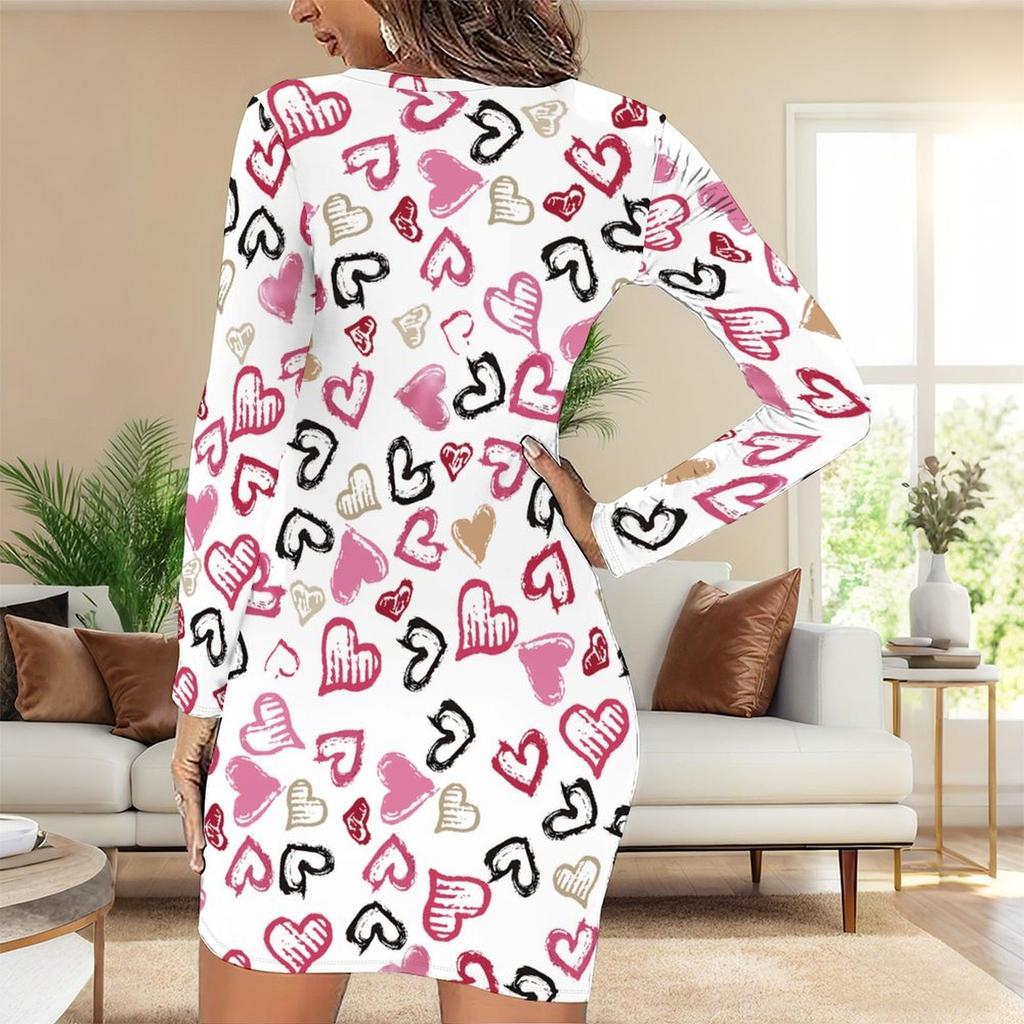 2025 Herbst und Winter Neu 3D Liebesmuster Druck und Färbung Damenmode Langärmeliges Rundhals Hüftbetontes Kleid Valentinstag Limited