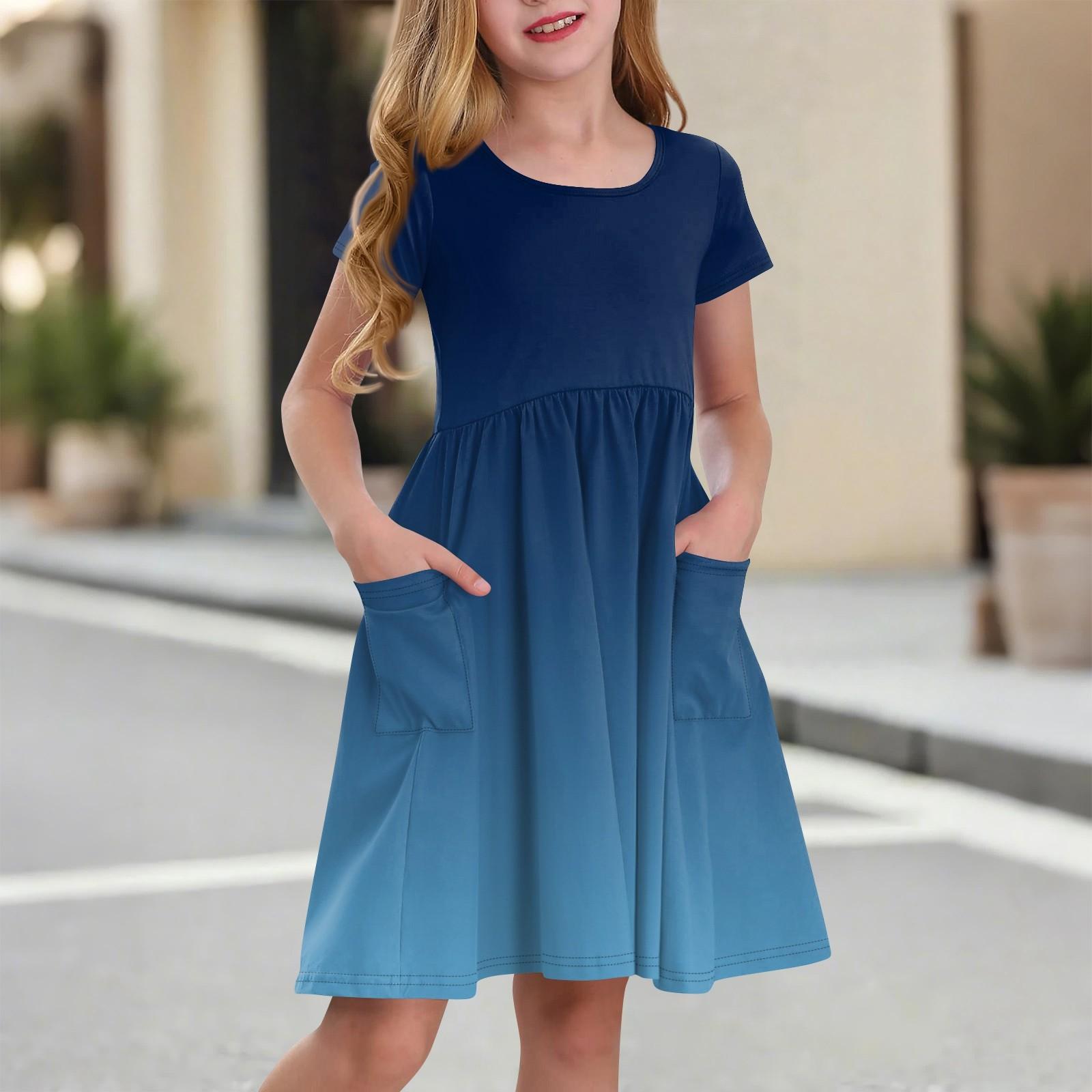 

Детская юбка с круглым вырезом и коротким рукавом, платье принцессы, модное повседневное платье с карманами для девочек 120