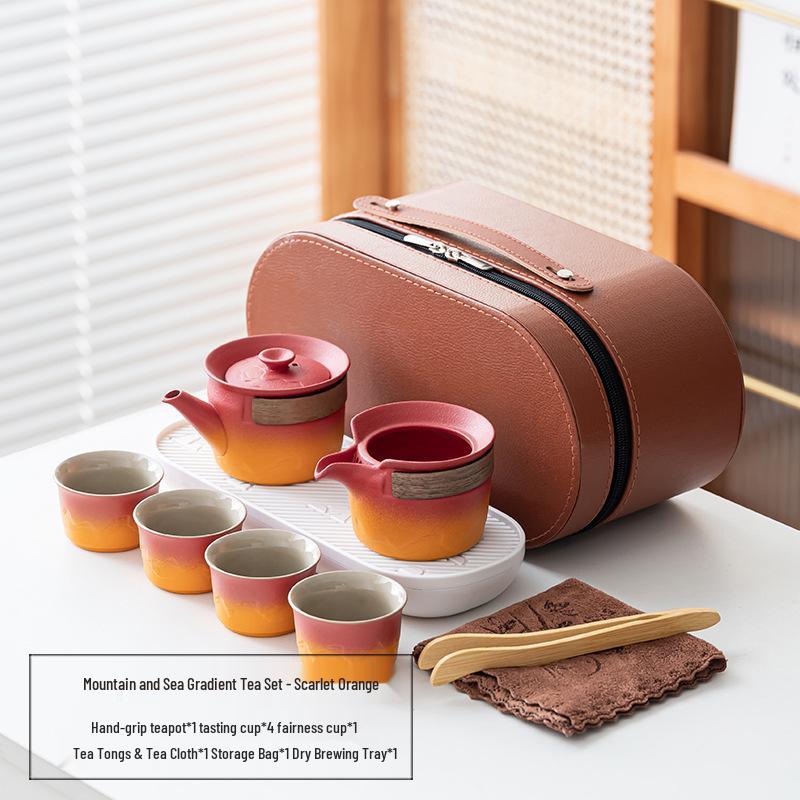 Elegant Portable Ceramic Tea Set with Wooden Tray: 1 Teapot & 4 Cups for Outdoor Adventures