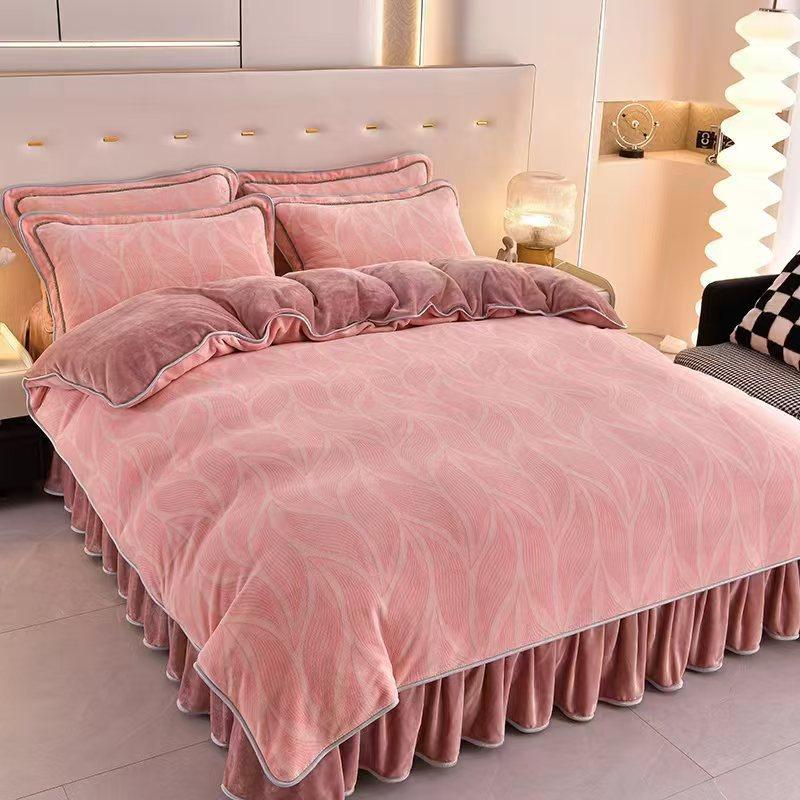 Thickened Milk Fleece Four-Piece Coral Fleece Quilt Cover, Bed Sheet Fleece Double-Sided Fleece Flannel Bedding, Bed Skirt