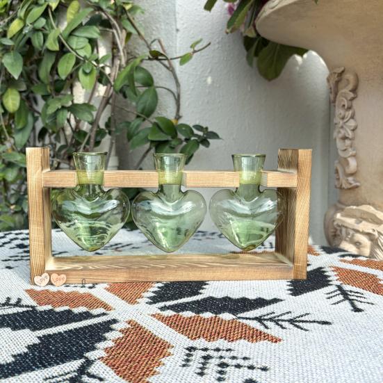 Plant Propagation Station Glass Vase with Wooden Frame Hydroponic Plant Terrarium Kit Love Bulb Vase for Indoor Plants Desktop Decor