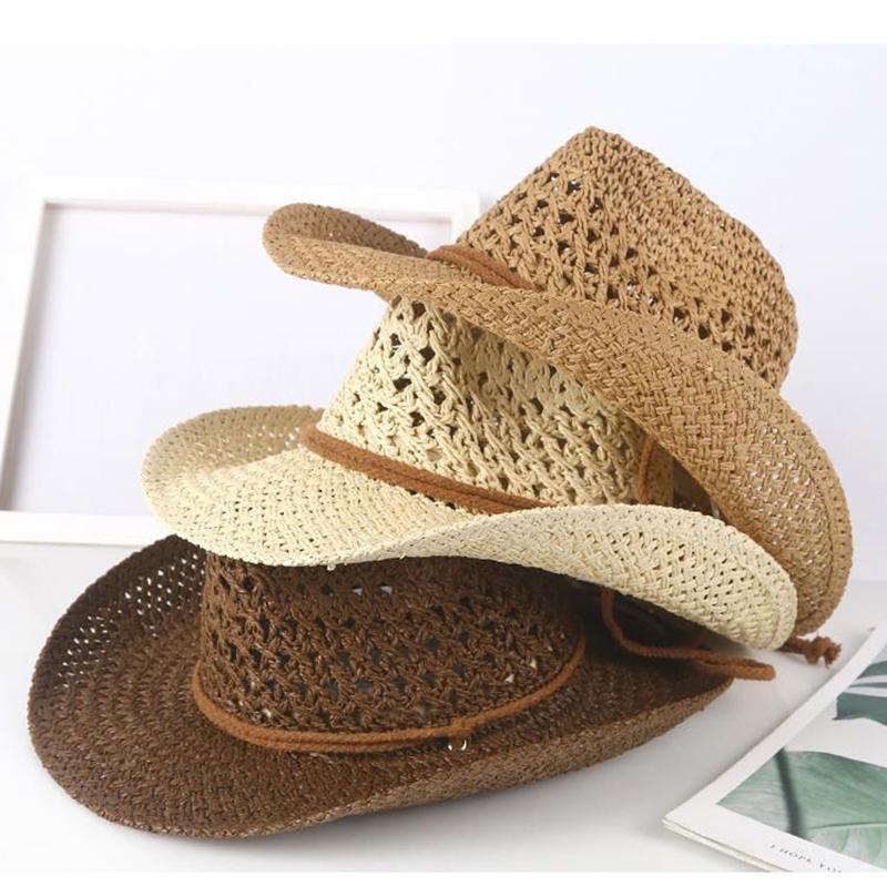 New Summer Outdoor Men Women Hand-woven Western Cowboy Paper Straw Hats Wide Brim Breathable Beach Jazz Cap Sun Protection Hat