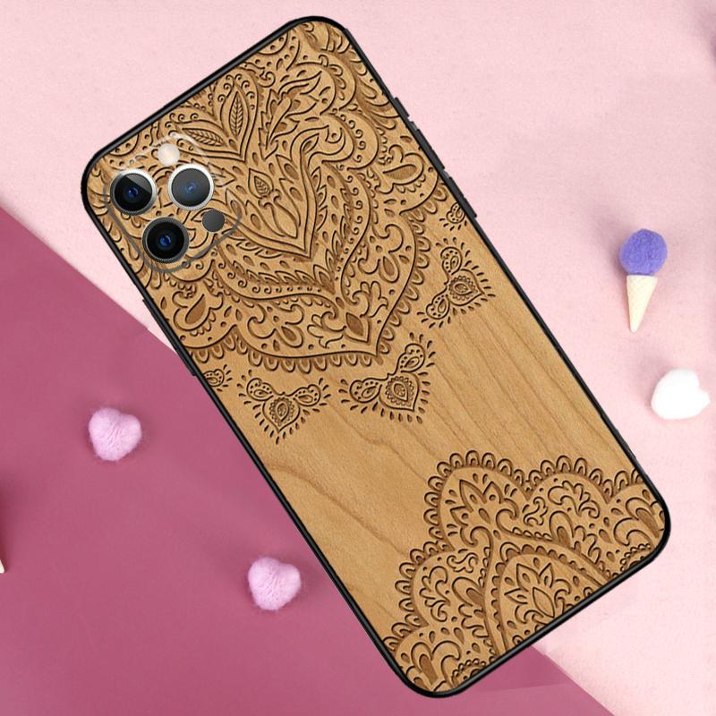 Mandala Floral Wood Phone Case For iPhone 17 Pro Max 11 14 15 16 Pro Max Plus 13 12 Mini 16e 17 Air Back Cover