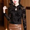 Black Mesh Bottoming Shirt for Women Long-sleeved Spring and Autumn New Chinese-style Button-down Top Foreign-style Lace Cheongsam Shirt