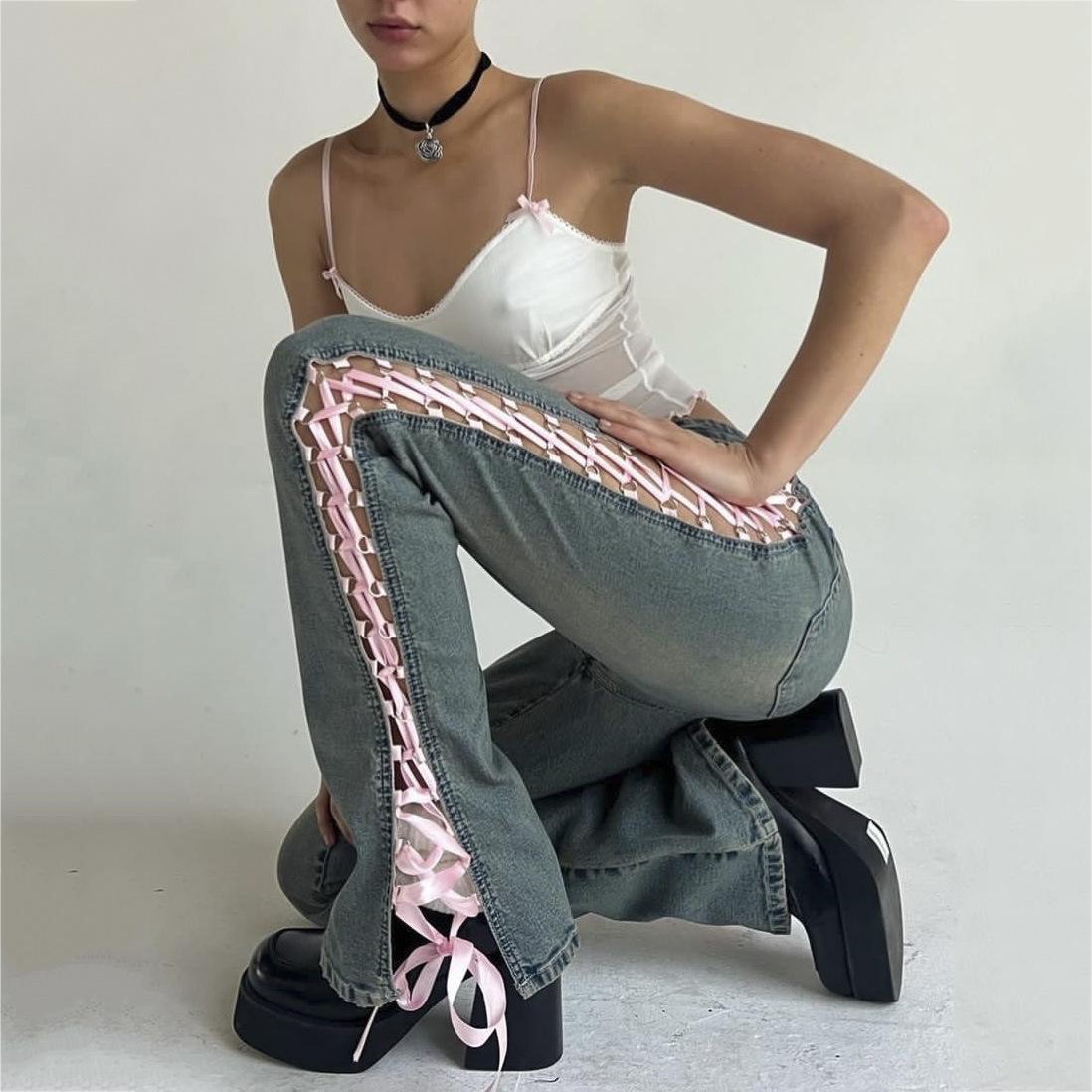 

Женские прямые джинсы-трубы в стиле ретро с вырезами по бокам, летние прямые джинсы с заниженной талией, облегающие брюки с тканым поясом для женщин