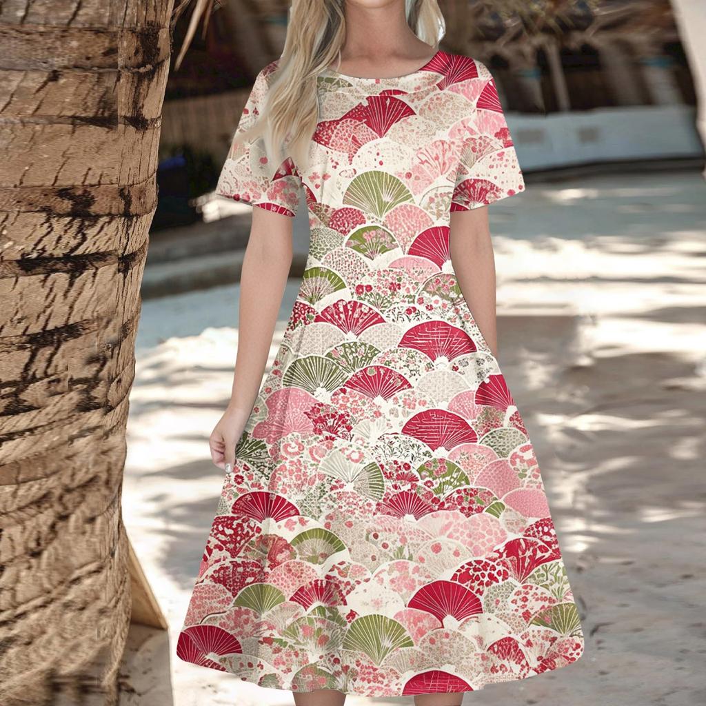 Women's Casual Fashion Dress Animal Floral Print Round Short Sleeve Waist Mid-Length Swing Dress (with Zipper)