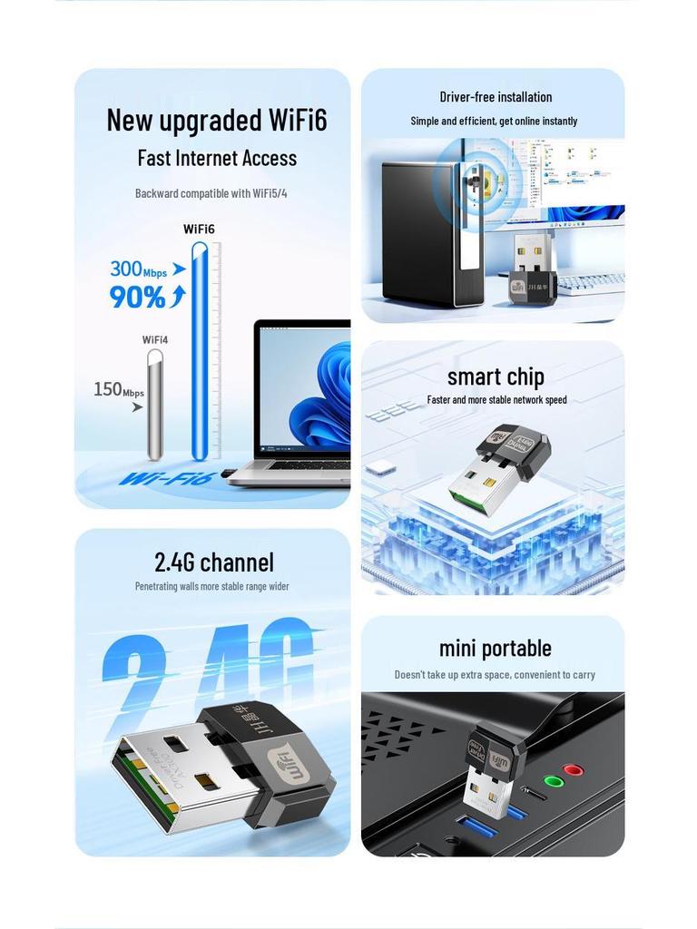 כרטיס רשת USB Jinghua 300M WiFi 6 דו-פס עם אנטנה בעלת שבח גבוה ללא דרייבר עבור Windows 10/11.