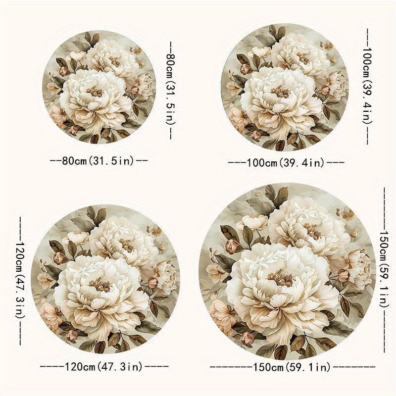 Elegant Peony Floral Round Rug Non-Slip Machine Washable Floor Mat 2D Flat Soft Area Rug for Living Room Bedroom Home Decor