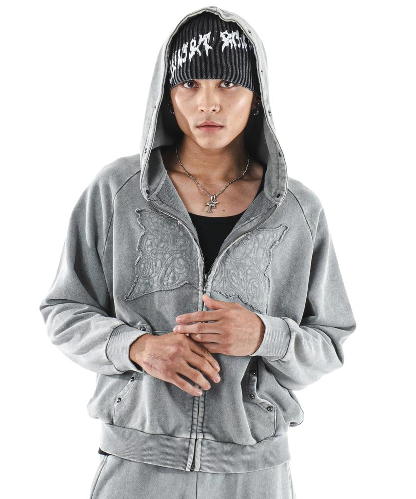 WEGO Powder Bleached Studded Zip Korean Size Gray Men's Hoodie, Sweatshirt, Hooded, Autumn/Winter Clothing, Streetwear, Style, L,