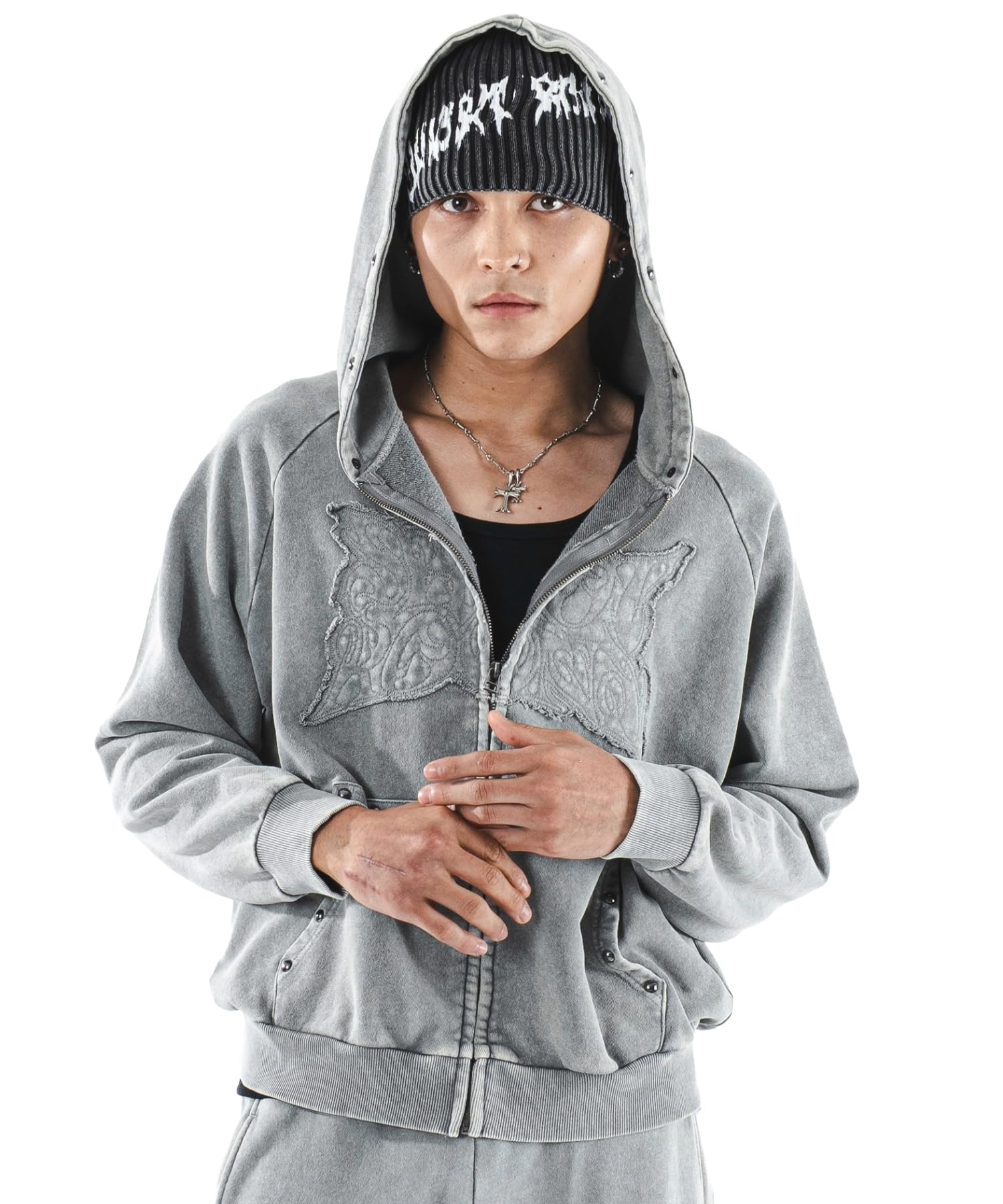 

WEGO Powder Bleached Studded Zip Korean Size Gray Men s Hoodie, Sweatshirt, Hooded, Autumn/Winter Clothing, Streetwear, Style, L, серый