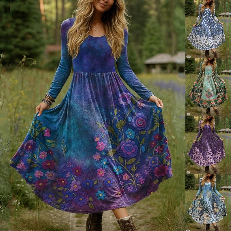 Retro Print Large Maxi Dress Women's Fashion Elegant Office Women's Long Dresses Spring Autumn Casual Long-sleeve Slim Vestidos