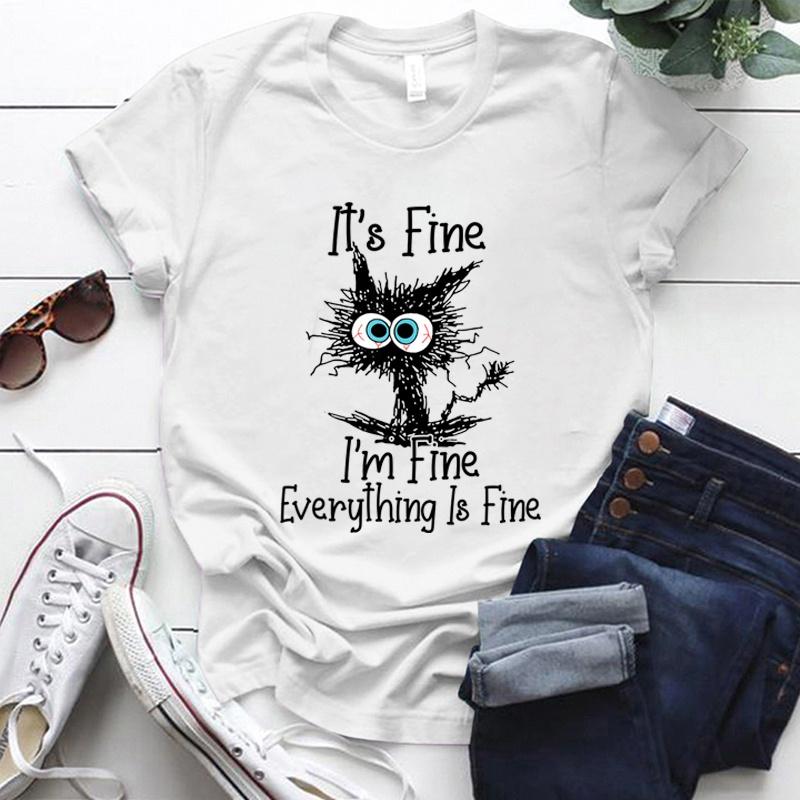 Fine Everything Is Fine Funny Cat Print T-Shirt Men's and Women's Casual Top Funny Cat Summer Loose Short Sleeve Shirt