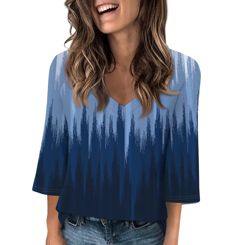 Women's V Neck 3/4 Sleeve Tops Casual T Shirts Basic Summer Tees Loose Pullover Top