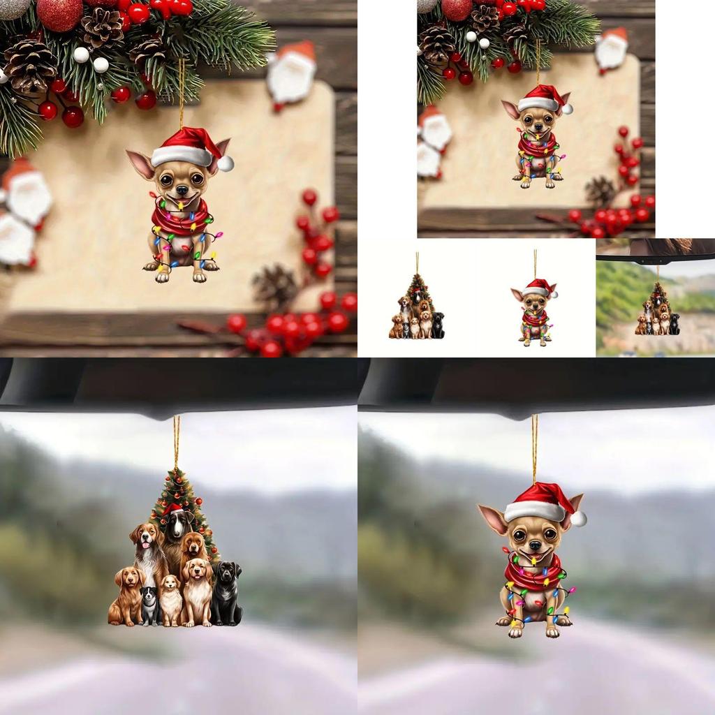 Charming 2d Acrylic Cartoon Christmas Dog Car Ornament For Festive Interior Decoration
