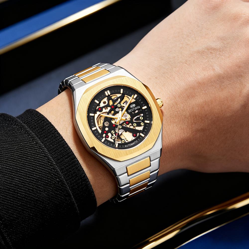 Automatic Mechanical Watches for Men Skeleton Hollow Dial Luminous Wrist Watch Steel Strap Square Case Watch Waterproof