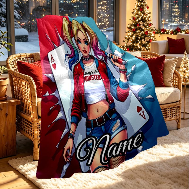 Custom Name Personalized Harley Quinn Joker Print Blanket, Home Decor, Bedroom, Sofa, Camping, Couch, Gifts for Birthday Christmas