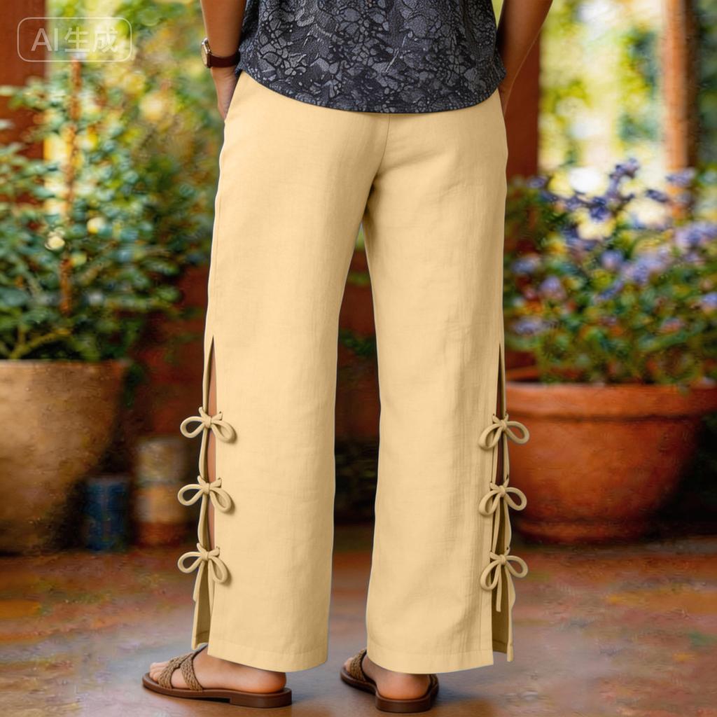 Women's Cotton And Linen Loose-fitting Color Casual Pants With Elastic Waistband, Side Slits  Design.
