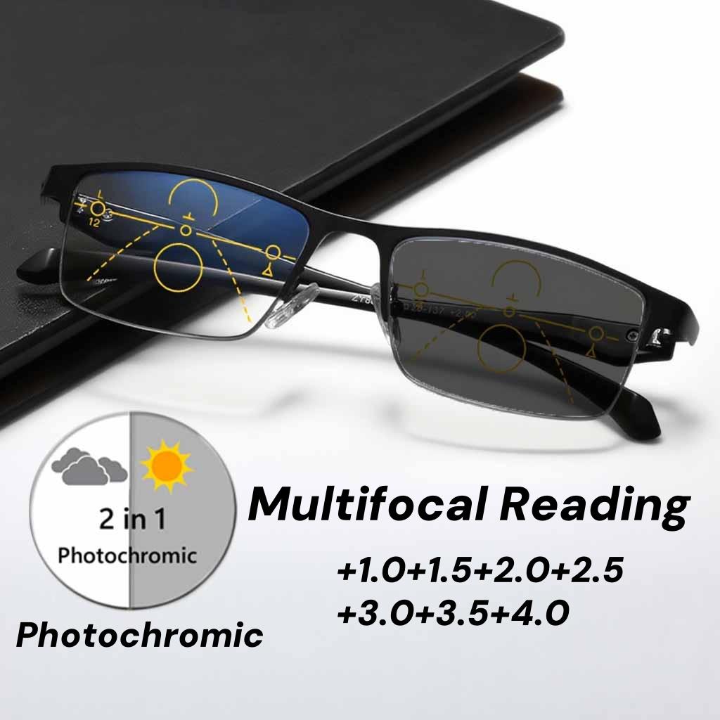 Men Business Half Frame Photochromic Multifocal Reading Glasses Trendy High Quality Blue Light Blocking Presbyopia Eyeglasses