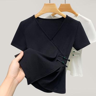 Short-sleeved T-shirt for Women In Summer New Chinese Style Women's Clothing New Chinese Style V-neck T-shirt Irregular Waist Top