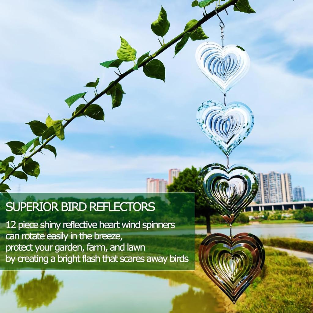 3Pcs Heart Shape Reflective Bird Scare Discs Double Sided Metal Hanging Bird Deterrent Wind Spinner for Garden Patio Farm