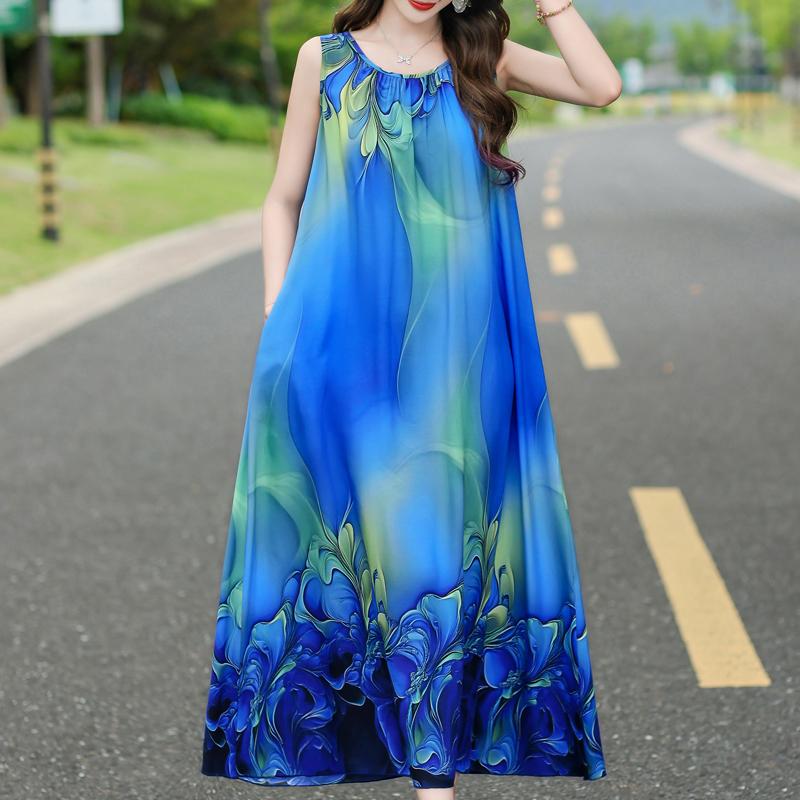 Damen Sommerkleid Vintage Kleidung Lässig Ärmellos Lange Kleider