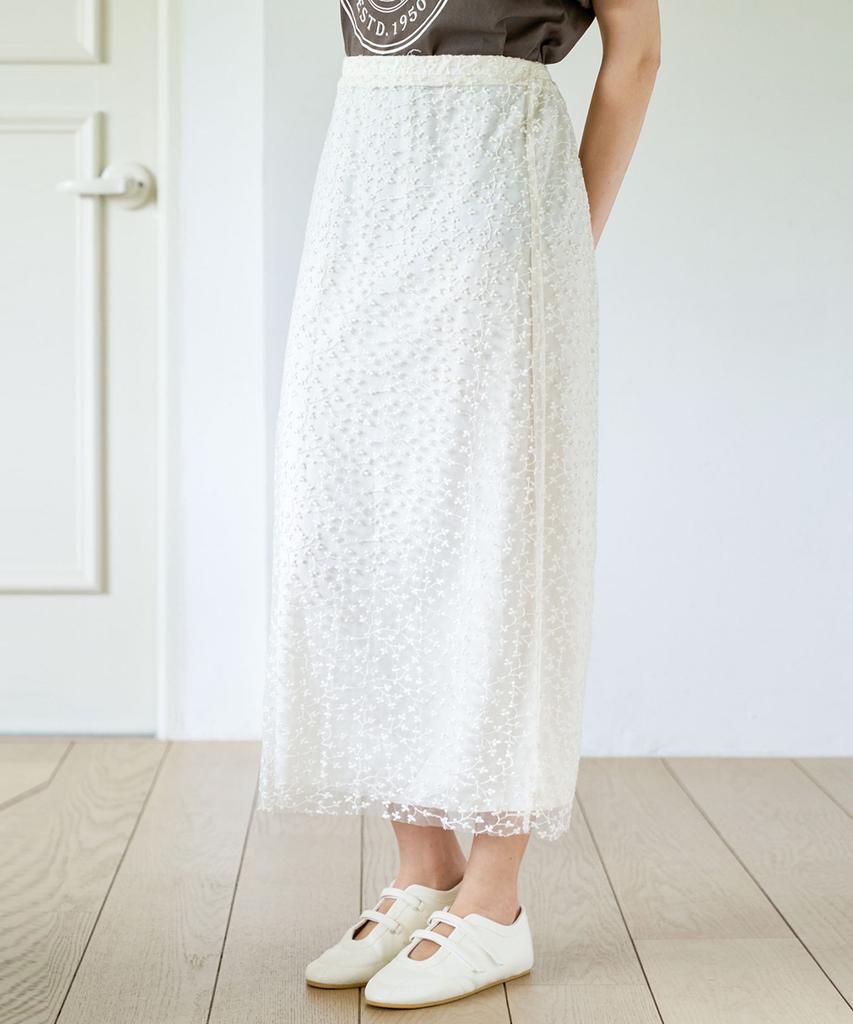 SLOWLOLLI Floral Chiffon Shirring Long Skirt - Cream