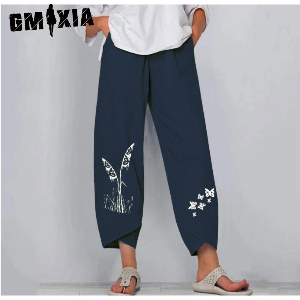 

GMXIA 4 Color Women Fashion Casual Cotton Linen Plus Size Long Trousers Plain Wide Leg Harem Pants Loose Plain Pants XXL синий