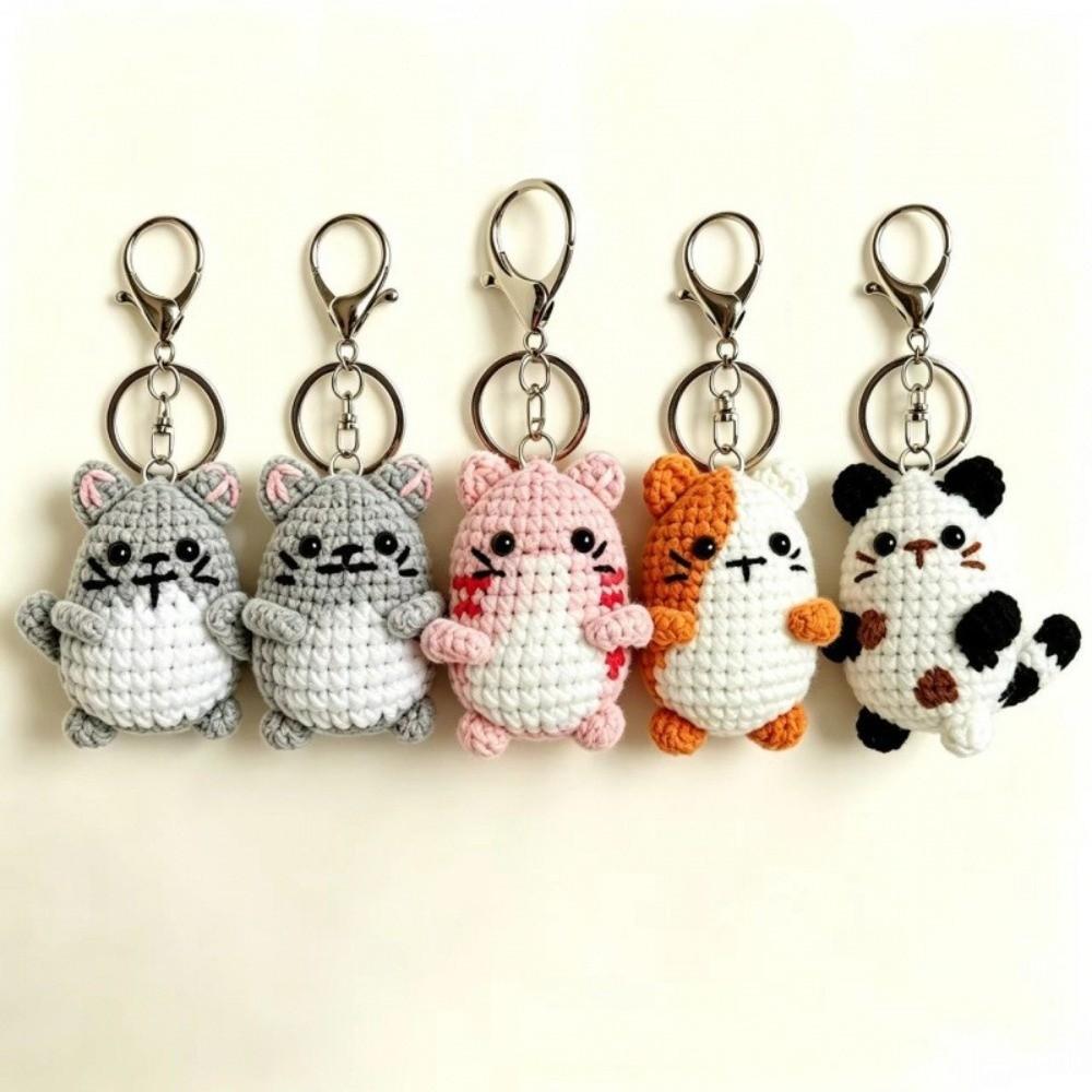 Handmade Hand Cat Keychain Handwoven Yarn Kitty Bag Charm Crochet Kitten Keyring Backpack Decor