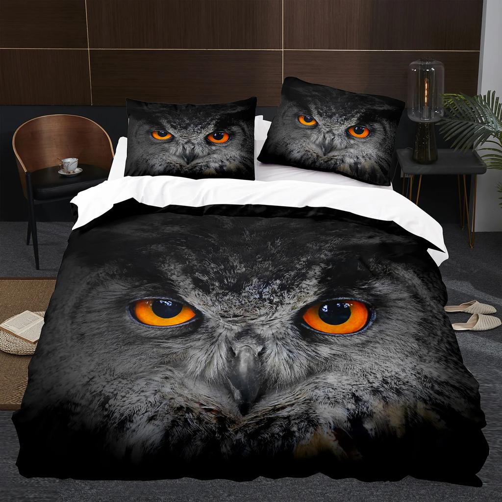 Owl Duvet Cover Set 3D Safari Wildlife Print Comforter Cover Bird Animal Personalized Nighthawk Queen Size Polyester Quilt Cover