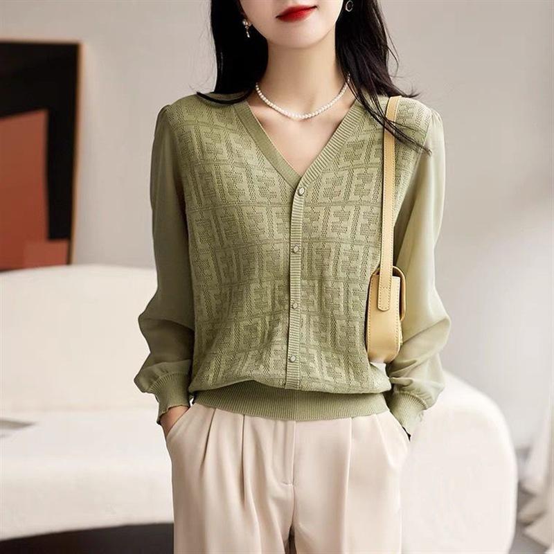 Fashionable Knitted Women's Autumn Wear Micro Transparent V-neck Long Sleeved Top T-Shirts Women’s