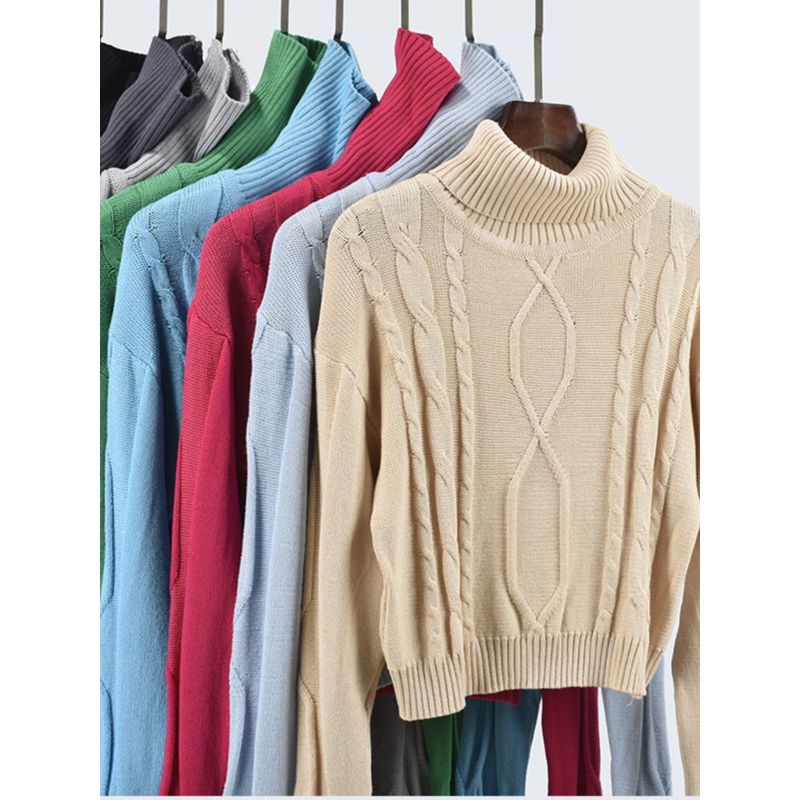Autumn and Winter Turtleneck Short Long Sleeve Solid Knit Sweater Twist Pullover Top High Waist Bottoming Women Clothes
