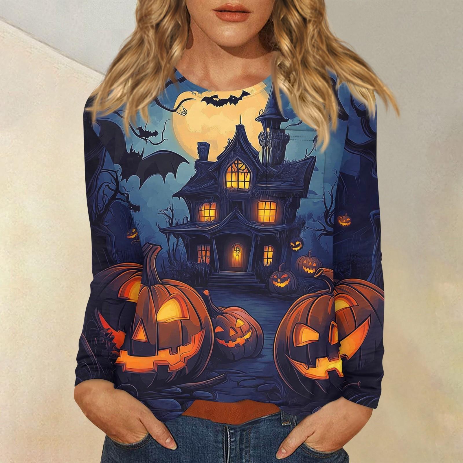 

Женский повседневный топ с длинными рукавами и круглым вырезом с принтом на тему Хэллоуина M синий