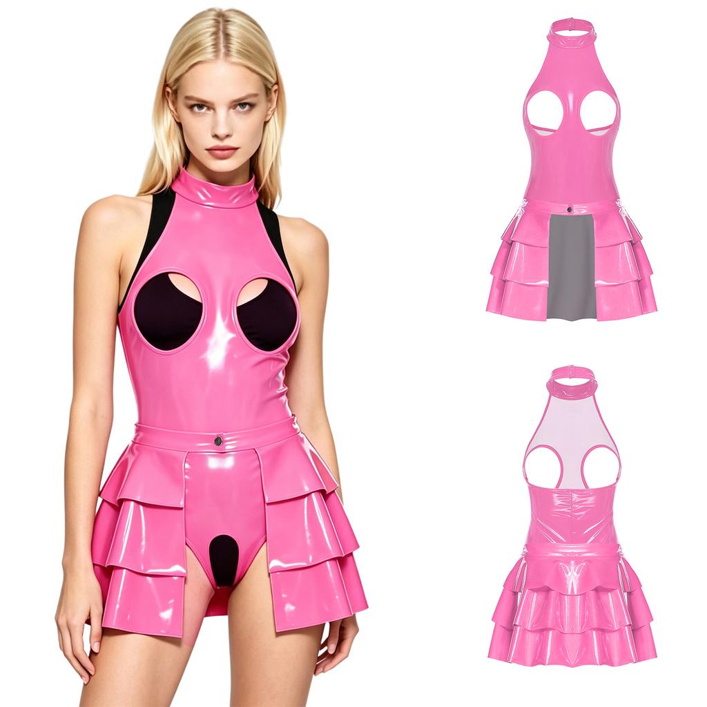 Ladies Wet Look PU Leather Club Outfit Open Front Tiered Ruffle Mini Skirt and Backless Halter Bodysuit for Pole Dance Performance