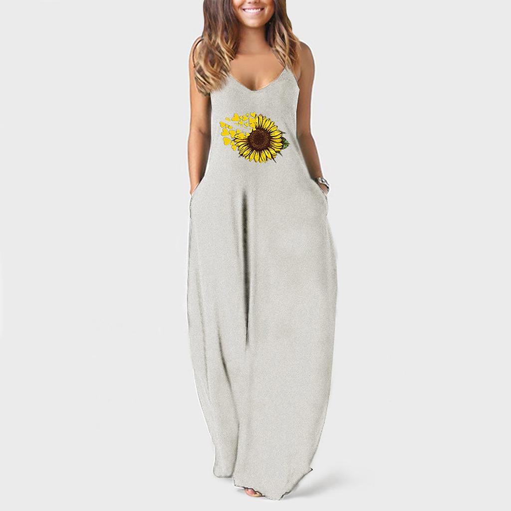 Damen Übergröße Sonnenblumen-Print Sexy Tiefer V-Ausschnitt Träger Langrock Freizeitkleid