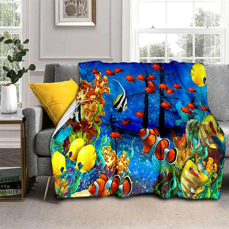 3D Underwater World Seabed Cartoon Blanket,Soft Throw Blanket for Home Bedroom Bed Sofa Picnic Travel Office Cover Blanket Kids