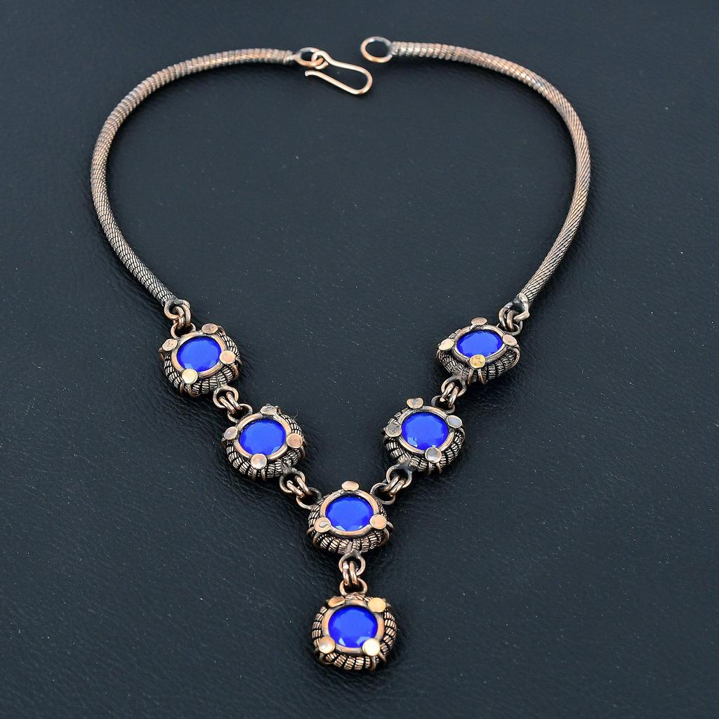 Collier Saphir Bleu, Collier de Pierres Précieuses Fait Main, Collier Enveloppé de Fil de Cuivre 999 Bijoux Antiques, Pour Cadeau de Fiançailles