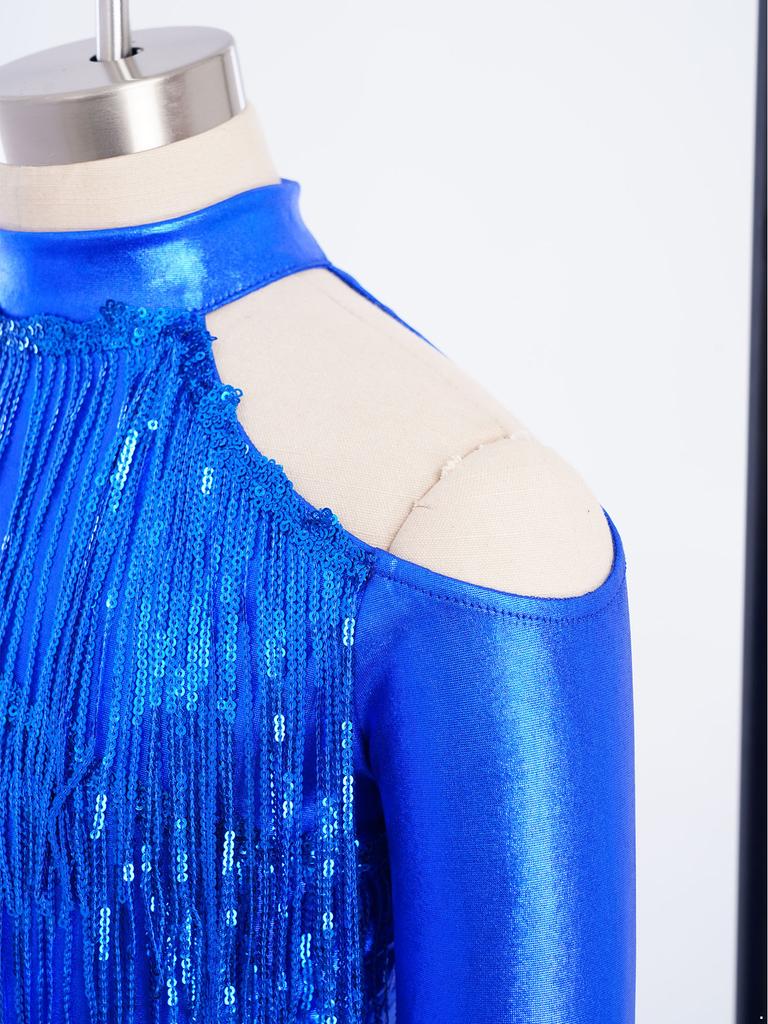 Mädchen Glitzer Pailletten Crop Top Cold Shoulder Fingerlöcher Reißverschluss Hinten Schlaghosen Bühnen-Set