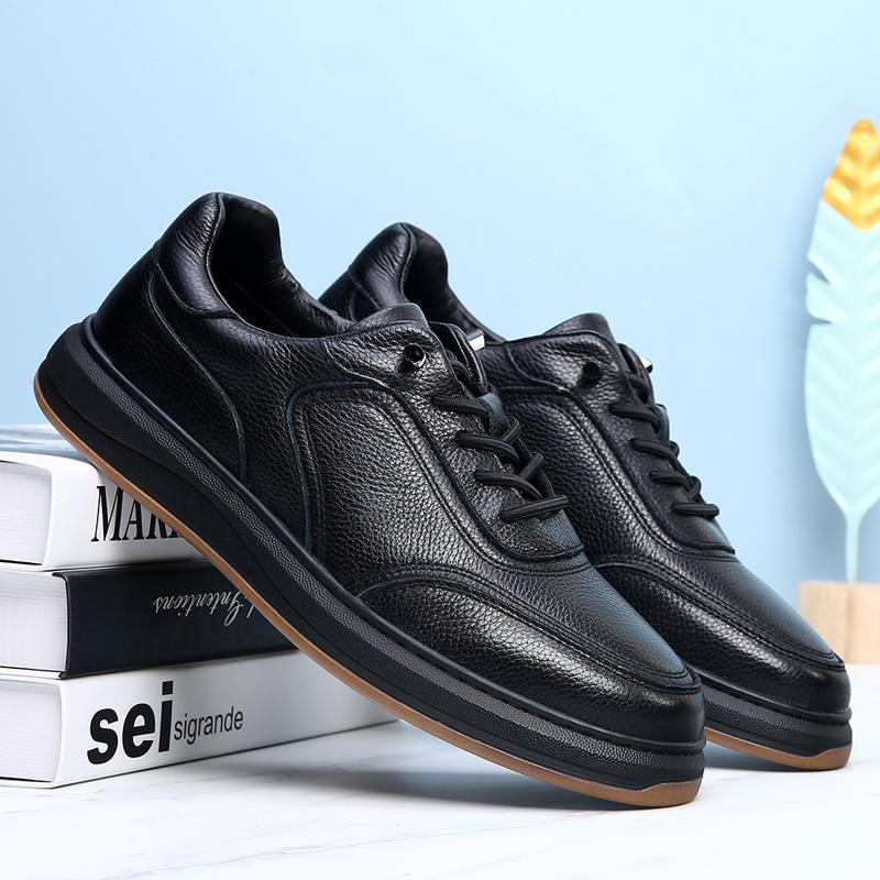 [Tie-free] First-layer Cowhide Board Shoes Men's Fashion Elastic Band Four-season Breathable Black Foot Cover Lazy Light Luxury Shoes