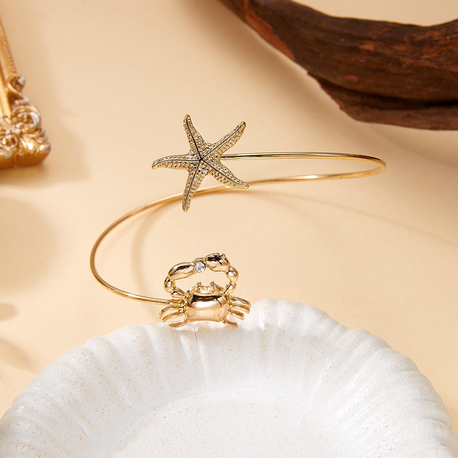 

Minimalist Starfish Open Cuff Bracelet for Women Rhinestone Crab Adjustable Bangle Fashion Summer Vacation Party Jewelry Gift