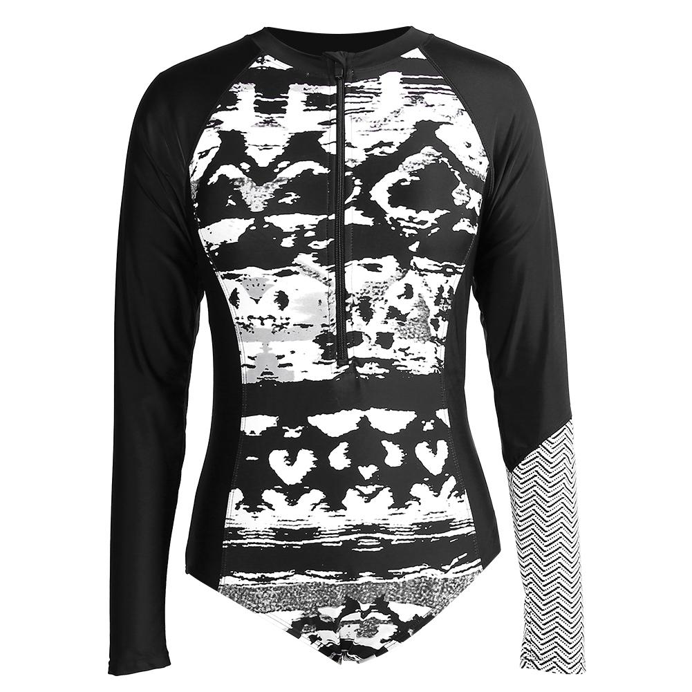 Women One piece Long Sleeve Printing Diving Snorkeling Swim Suit Swimwear(XL)