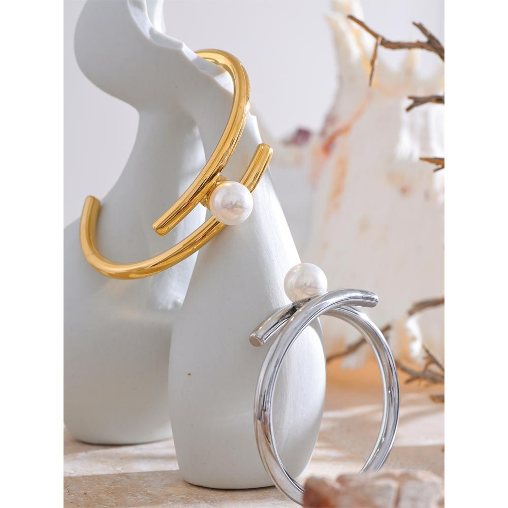 Yhpup 316L Stainless Steel Pearl Double Layer Cuff Bracelet Bangle Stylish Unique Design Elegant Wrist Jewellery Gift
