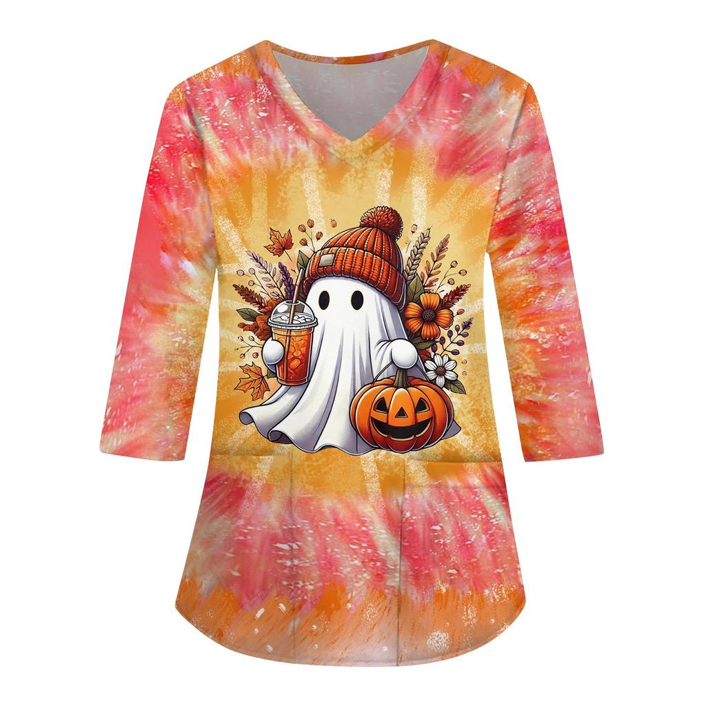 Women's Fashion Casual Halloween Print V-neck 3/4 Sleeve Uniform Overalls T-Shirt Top