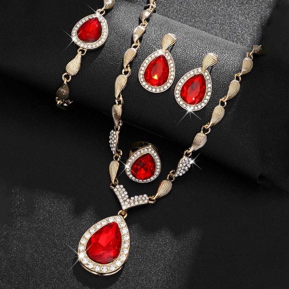 Water Drop Pendant Rhinestone Inlaid Jewelry Set Bracelet Ring Women Jewelry Set  Bridal