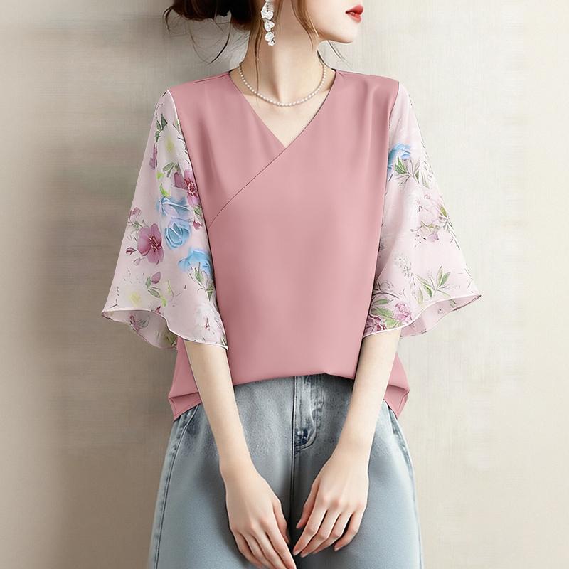 ZANZEA Damen Lässige V-Ausschnitt Print Patchwork 3/4 Ärmel Lockere Bluse