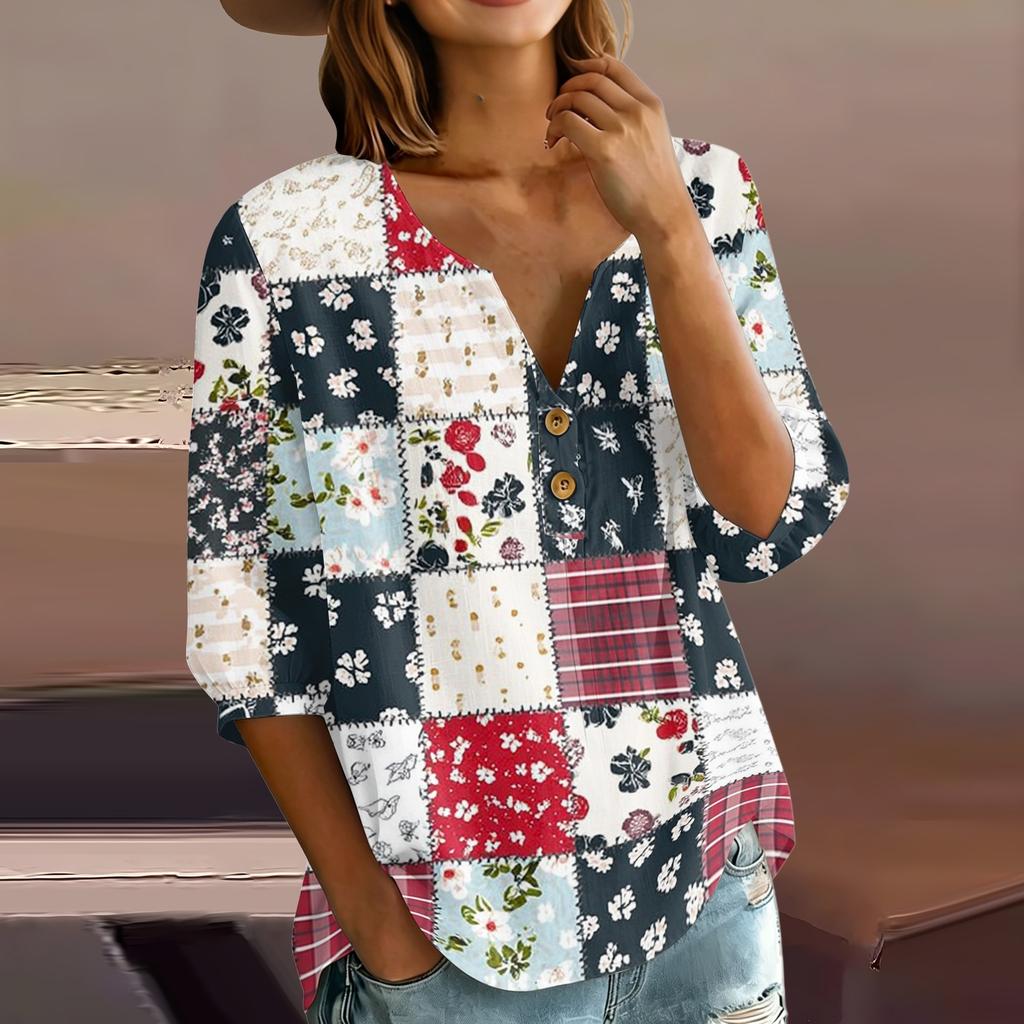 Women’s Cotton Linen Blouse with Patchwork Floral Print Henley Neck Button Front and Three Quarter Sleeves Casual Shirt
