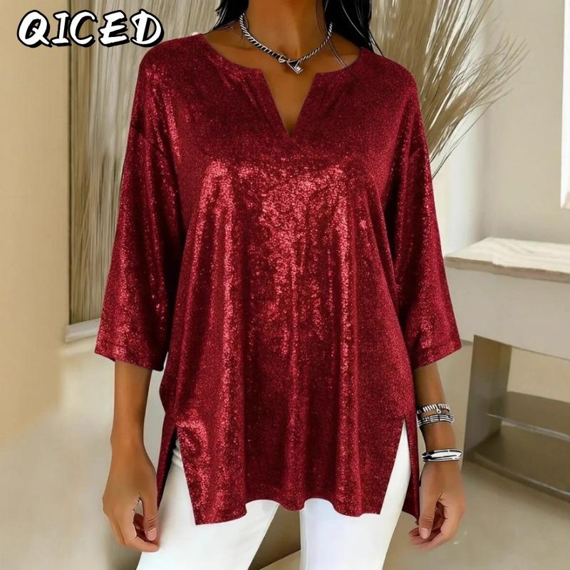 QICED Women's Fashion Casual Solid Color Print 3/4 Sleeves V Neck Blouses & Shirts