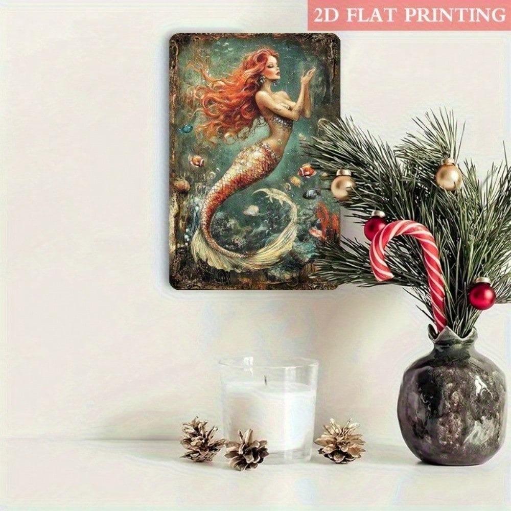 Vintage Redhead Mermaid Metal Tin Sign Retro Wall Art Rustic Hanging Plaque
