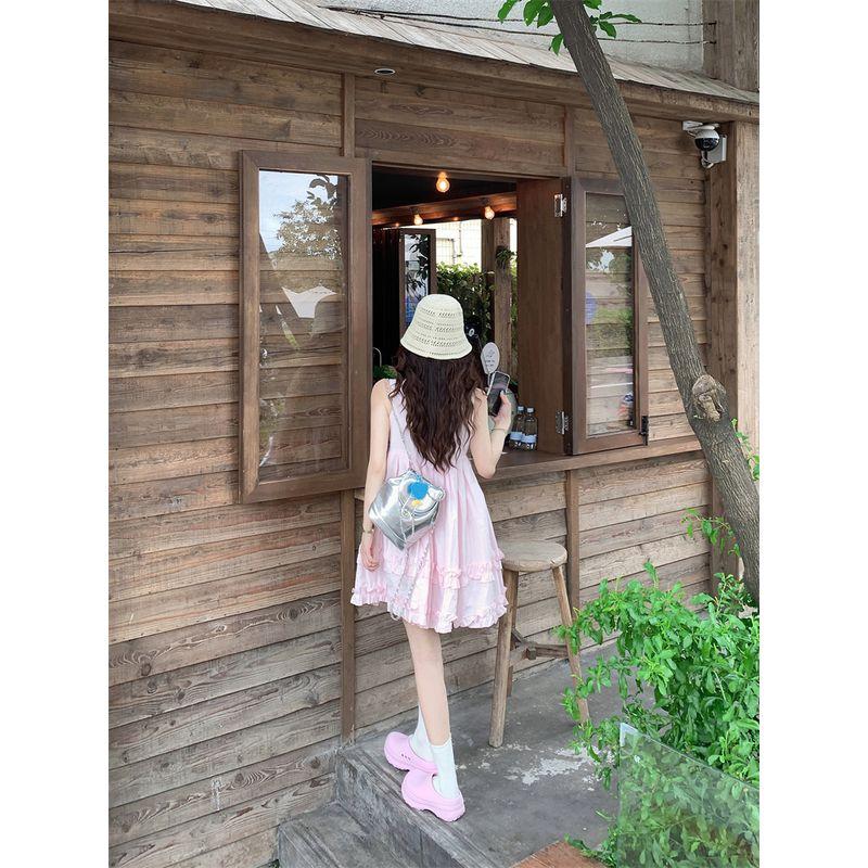 Kumikumi Sweet Style Pink Double-Layer Lace Vest One piece Dress Women clothing Summer Chic Age-Reducing Slimming Short dress