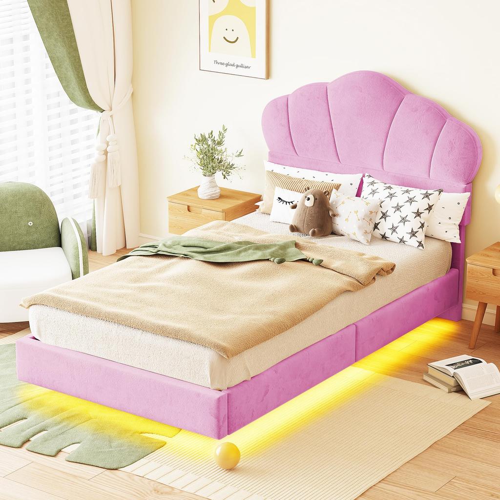 Bed 90 X 200 Cm, Bed with LED, Bed Frame with Headboard and Slatted Frame, Velvet Fabric, Pink (without Mattress)
